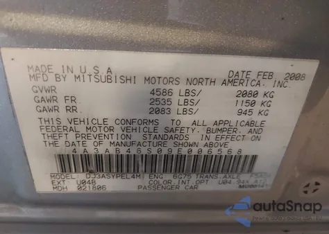 2009 Mitsubishi Galant Sport V6 from USA, damaged, VIN 4A3AB46S09E006568